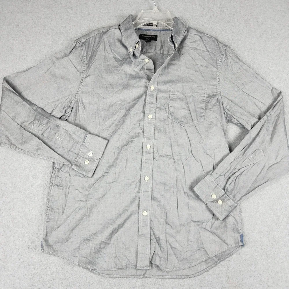Banana Republic Shirt Mens L Gray Oxford Untucked Fit Long Sleeve Button Down